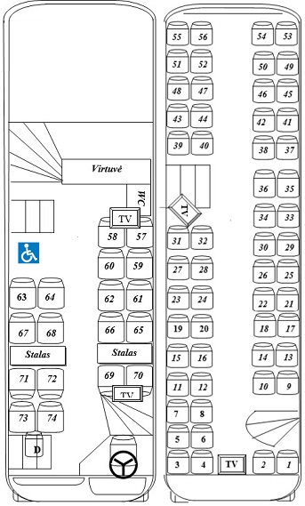 74 vietų autobuso išklotinė